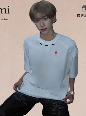 正品AMI DRAJK300g重磅美式小领口t恤男金属扣解构短袖小众设计