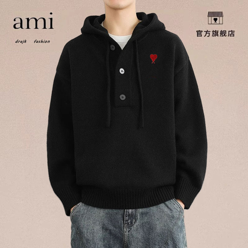 正品AMI DRAJK秋季男士毛衣宽松连帽冬季套头针织衫休闲运动上衣