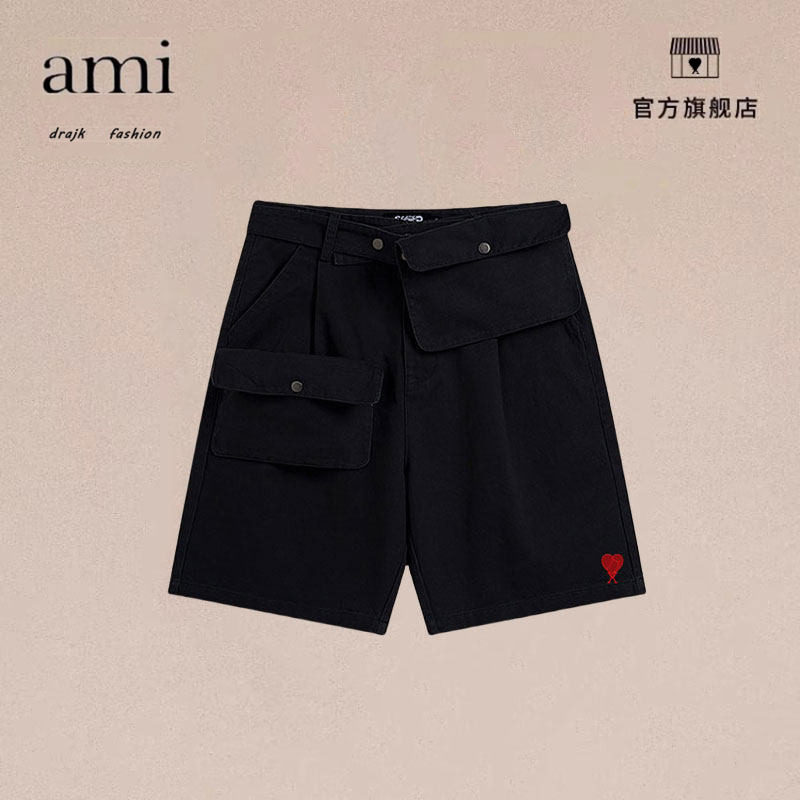 正品AMI DRAJK美式水洗工装口袋腰带调节牛仔短裤男夏季宽松直筒