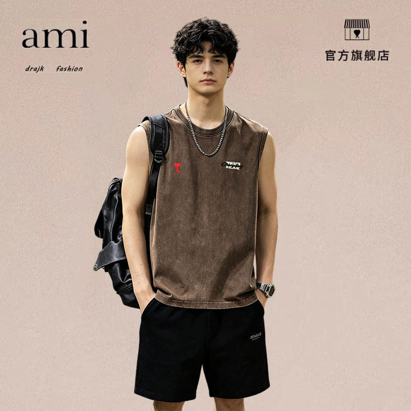正品AMI DRAJK美式水洗做旧无袖背心男夏季港风潮流宽松休闲坎肩