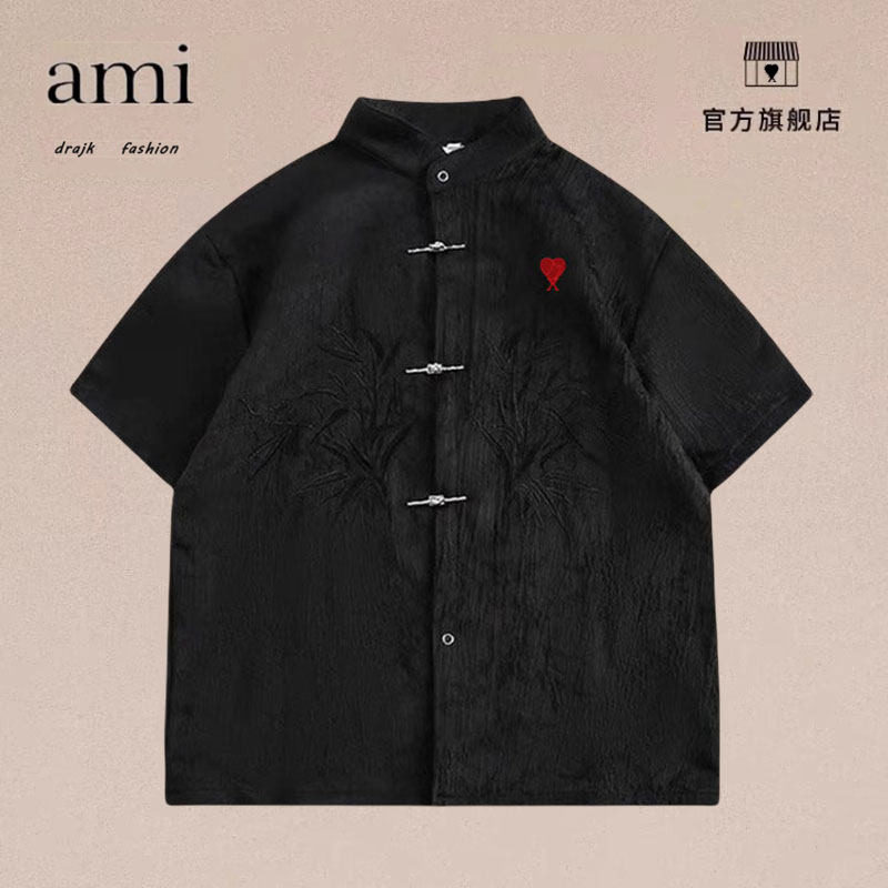 正品AMI DRAJK中式刺绣飞机扣短袖衬衫男休闲中国风复古中山装
