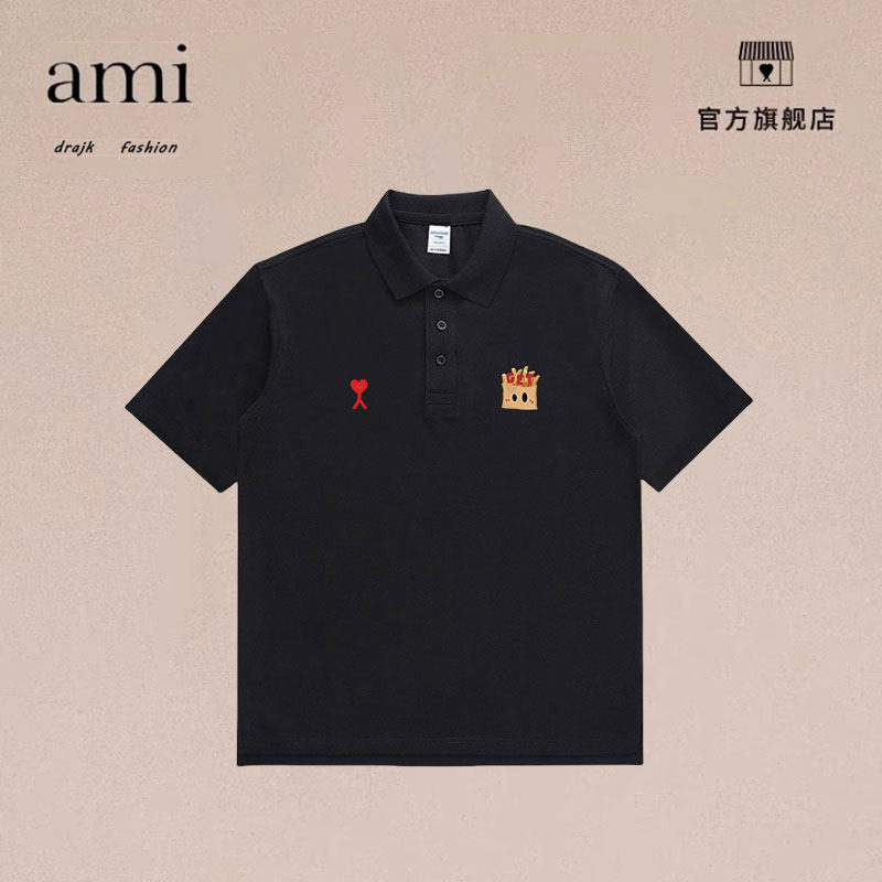 正品AMI DRAJK薯条印花高级珠地纹短袖休闲户外百搭上衣POLO衫夏