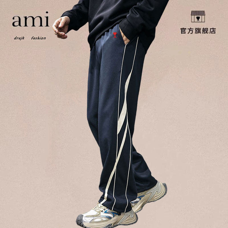 正品AMI DRAJK条纹卫裤男冬重磅加绒松紧腰宽松直筒垂感运动长裤