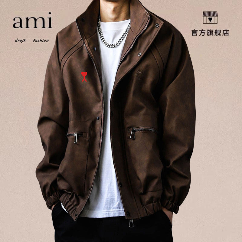 正品AMI DRAJK美式慵懒chic皮衣外套男高级咖色上衣青年休闲夹克