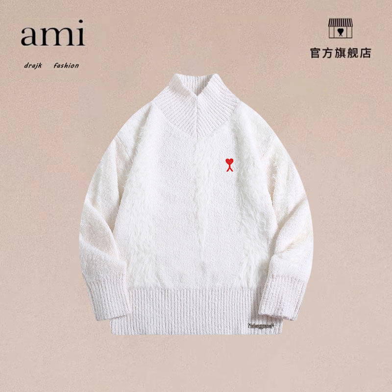 正品AMI DRAJK秋季V领拼接毛衣套头休闲纯色保暖高领潮牌男针织衫