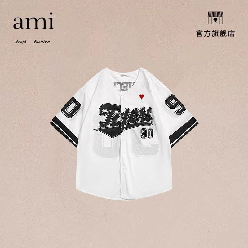 正品AMI DRAJK美式高街复古开衫短袖T恤男街头ins潮流棒球服衬衫