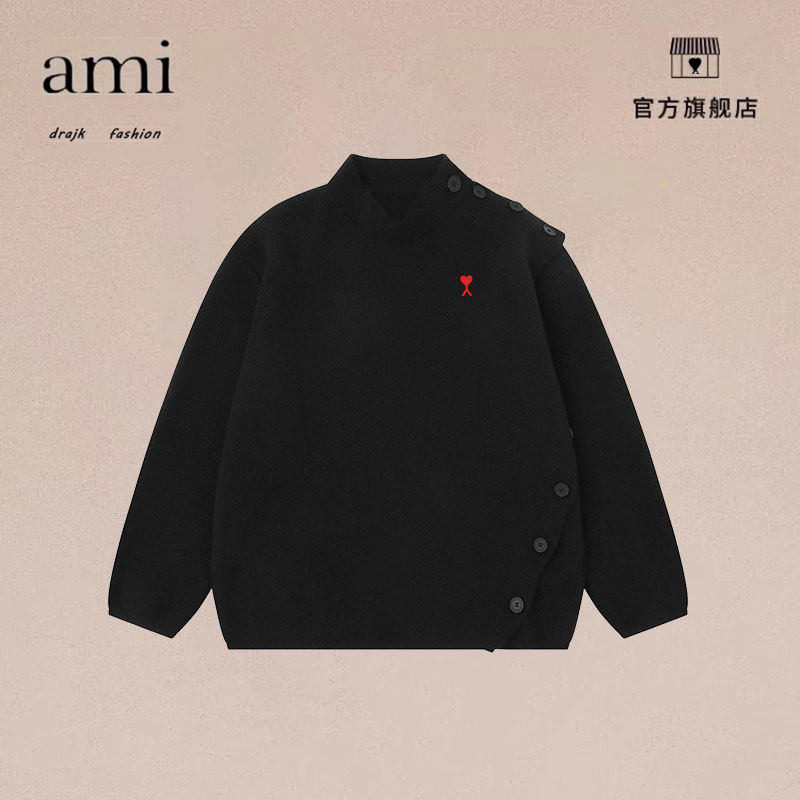 正品AMI DRAJK美式纽扣小众半高领毛衣男复古宽松慵懒休闲针织衫