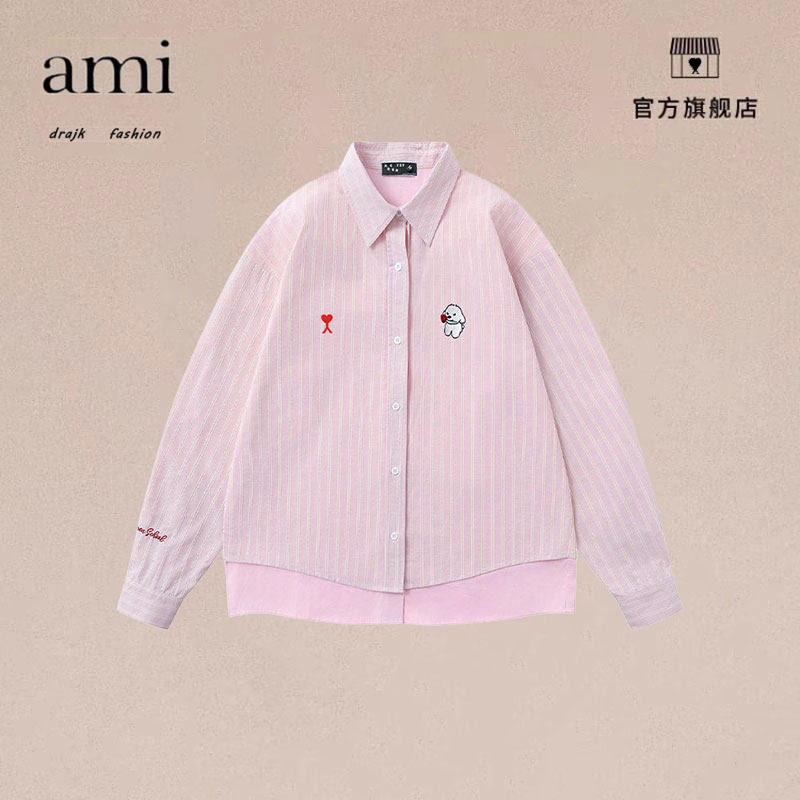 正品AMI DRAJK美式复古条纹假两件拼接粉色长袖衬衫男秋夹克外套