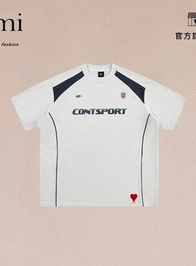 正品AMI DRAJK美式撞色拼接300g重磅短袖男t恤夏季运动赛车服半袖