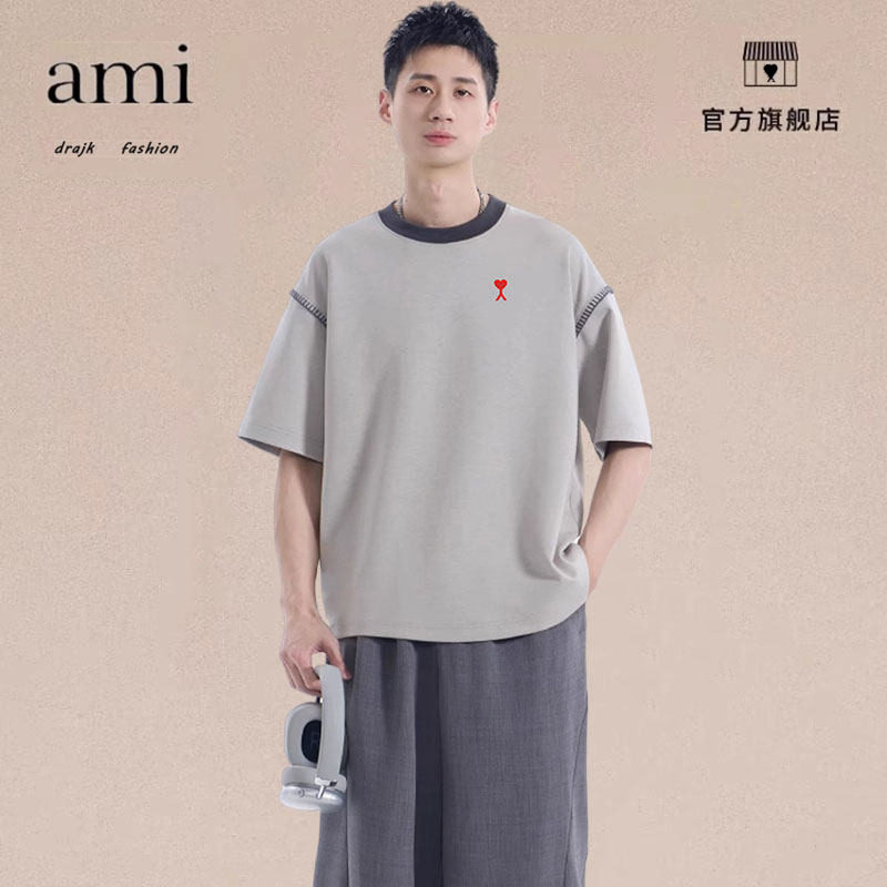 正品AMI DRAJK夏季拼接撞色短袖莫代尔时尚百搭简约男装圆领T恤