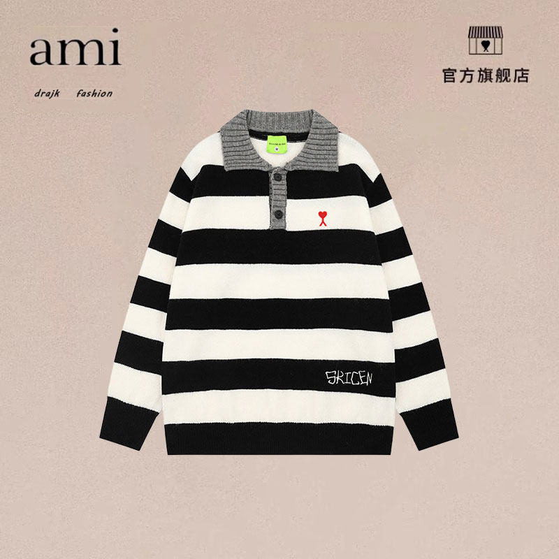 正品AMI DRAJK美式学院风POLO领刺绣条纹毛衣男秋季复古宽松百搭,男装,短裤,淘宝优惠券,粉丝福利购,淘宝优惠卷