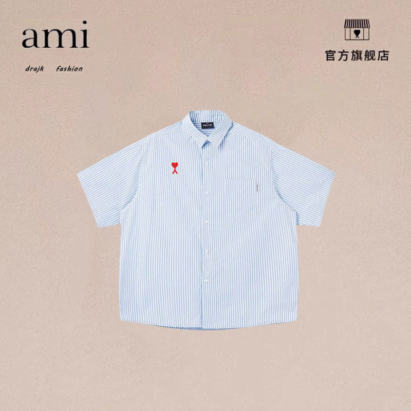 正品AMI DRAJK日系复古条纹蓝色短袖衬衫夏宽松情侣休闲半袖衬衣