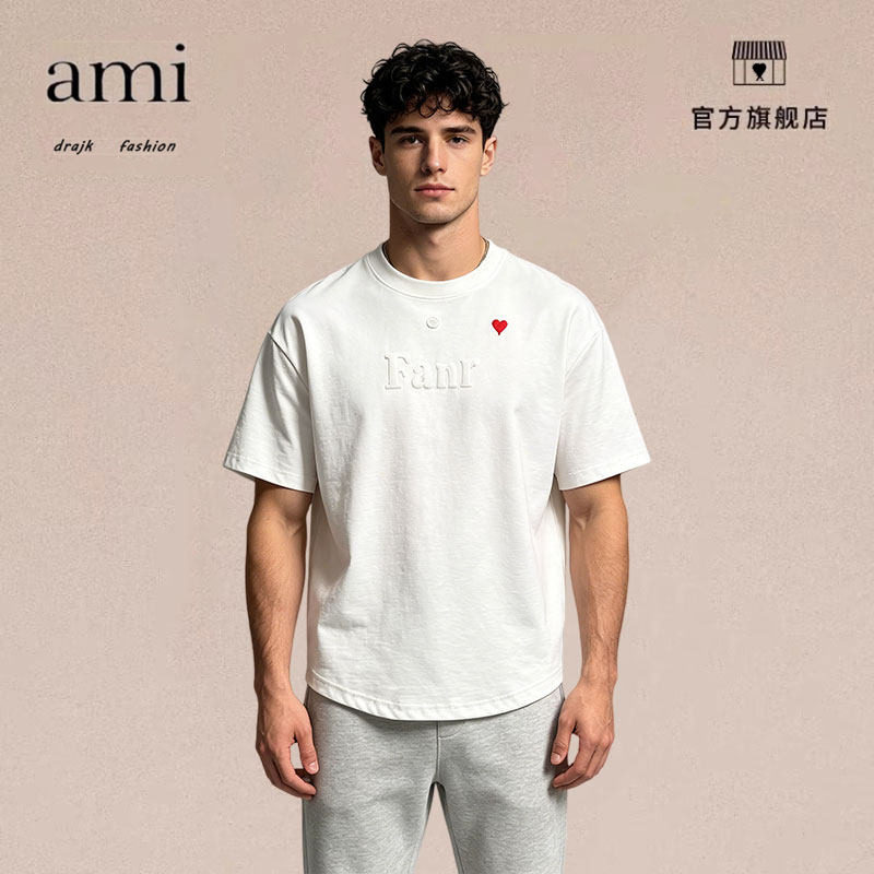 正品AMI DRAJK春夏韩版潮流时尚百搭纯色燕尾宽松男士字母短袖T恤