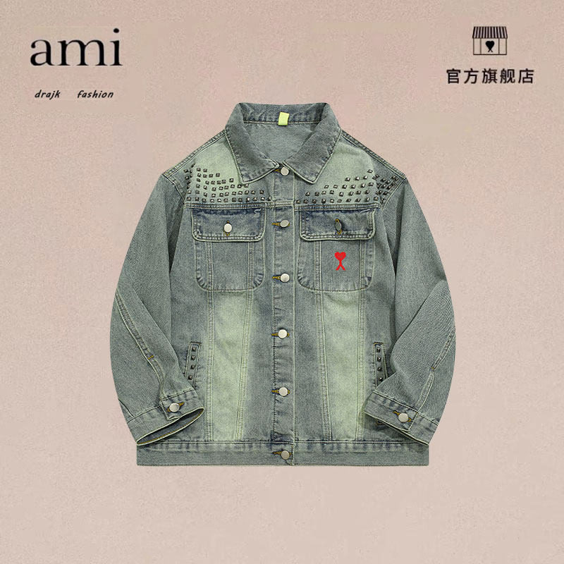 正品AMI DRAJK美式复古重工铆钉水洗牛仔外套男秋季高街痞帅夹克
