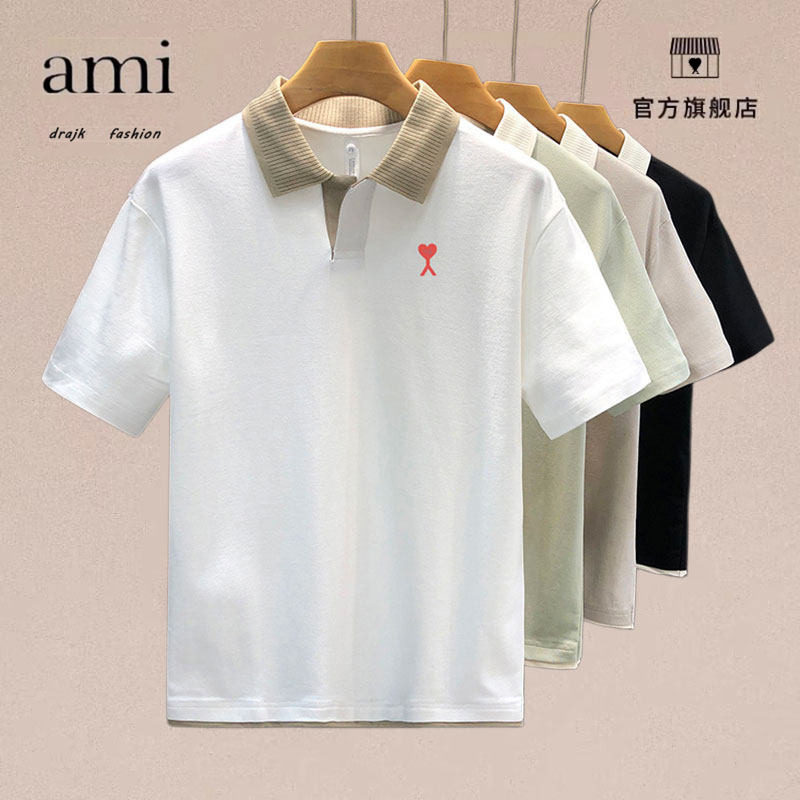 正品AMI DRAJK极简风撞色翻领短袖POLO衫男夏季潮流时尚半截袖T恤