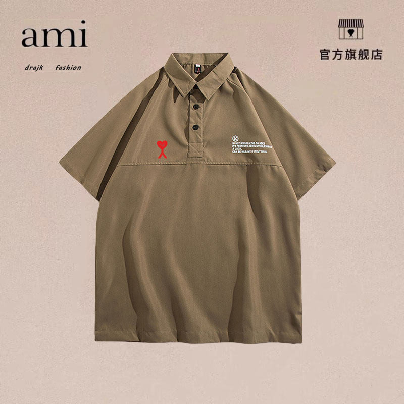 正品AMI DRAJK夏季学院风拼接短袖POLO衫高级设计感日系五分袖T恤