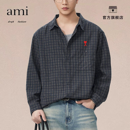 正品AMI DRAJK美式复古工装格子衬衫男秋季水洗质感宽松休闲衬衣
