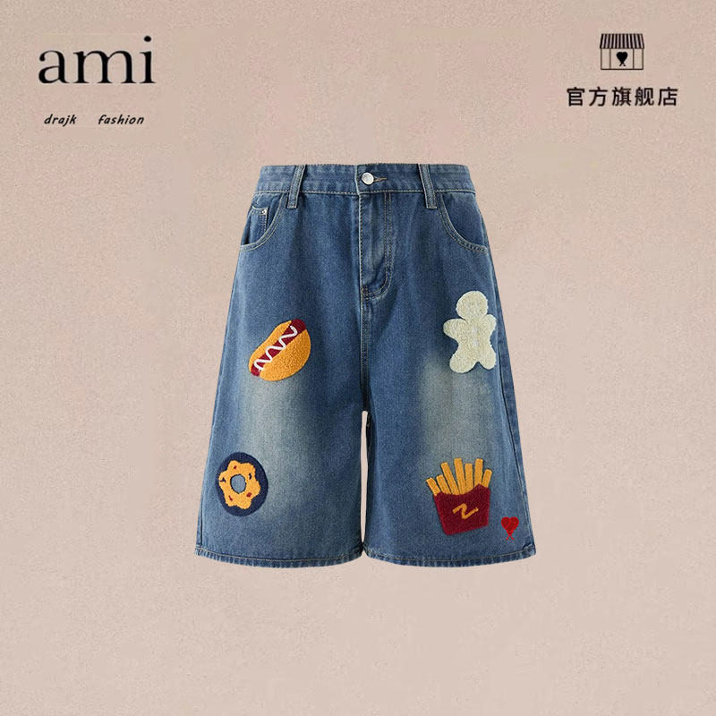 正品AMI DRAJK美式复古创意热狗汉堡毛巾绣牛仔短裤多巴胺五分裤