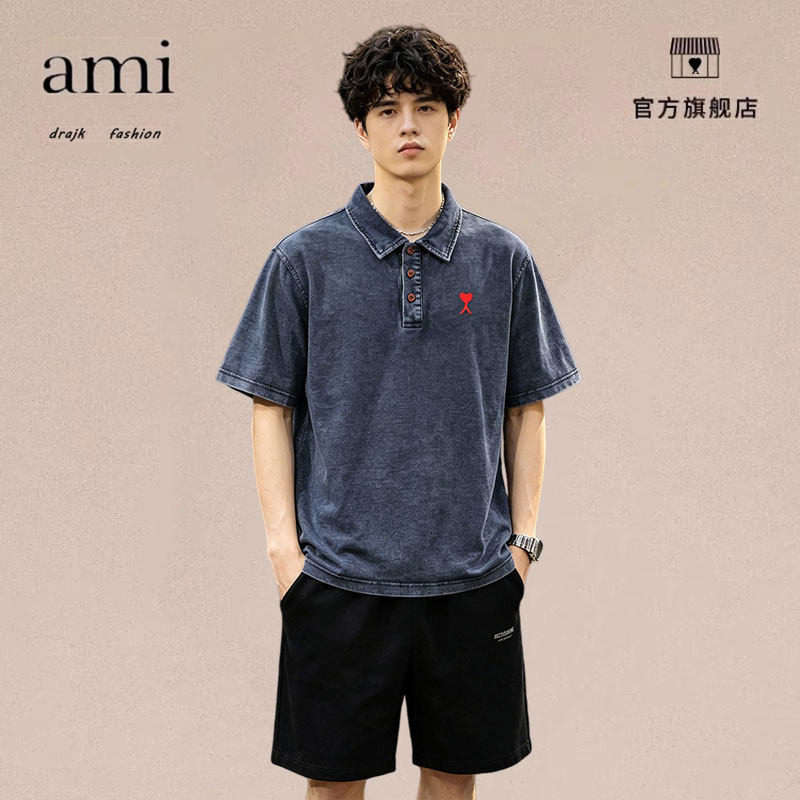 正品AMI DRAJK美式复古做旧水洗牛仔短袖POL0衫男夏宽松透气翻领