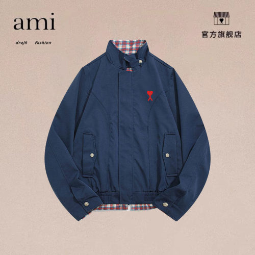 正品AMI DRAJK美式复古格纹拼接翻领牛仔外套男秋牌宽松夹克上衣