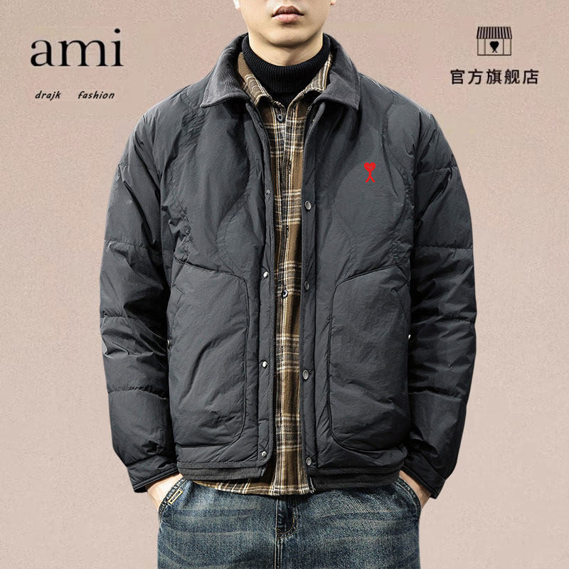 正品AMI DRAJK灯芯绒翻领羽绒棉服男短款棉袄假两件轻薄衬衫外套