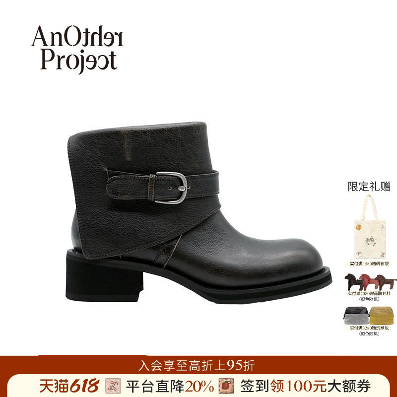 【8折】AnOther Project Neith黑色翻边搭扣脚踝靴粗跟马丁靴短靴