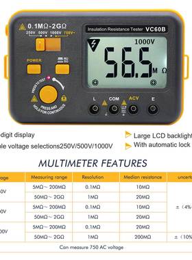厂家VC60B新高阻高压数字光伏兆欧绝缘电阻测试仪英文版