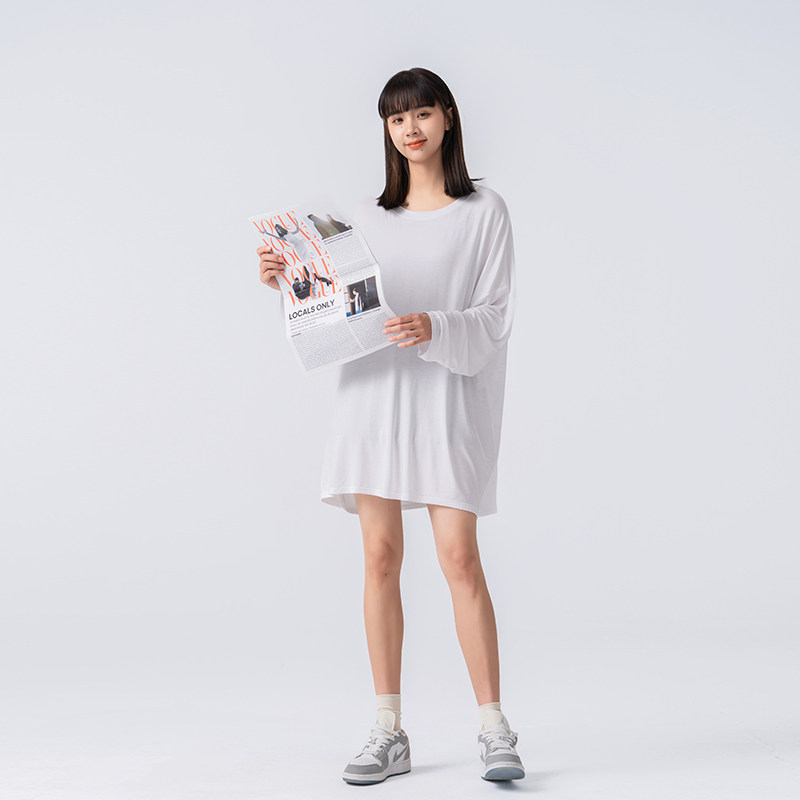 莫代尔t恤女圆领中长款蝙蝠袖宽松大版遮屁股慵懒风打底衫上衣