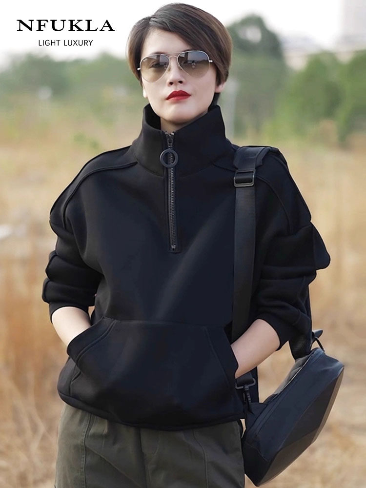 潮牌高领女士卫衣2025春秋装新款宽松情侣装立领休闲男士上衣外套