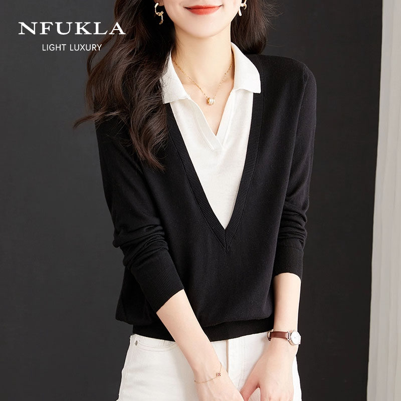 洋气打底衫女士春秋2025今年新款秋季大码内搭衬衫假两件上衣