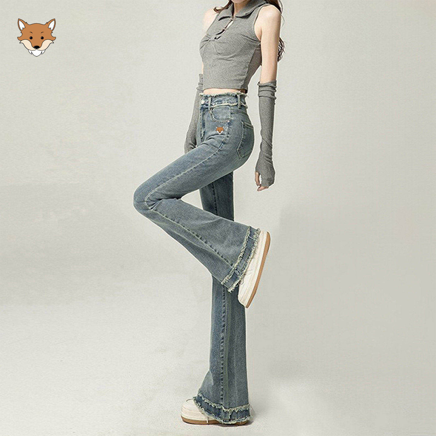 英国AprilFox小狐狸高腰显瘦微喇牛仔裤女26夏季新款毛边喇叭裤子