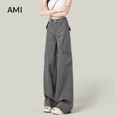 AMI美式水泥灰阔腿工装裤女2025新款复古高腰宽松直筒牛仔裤子潮
