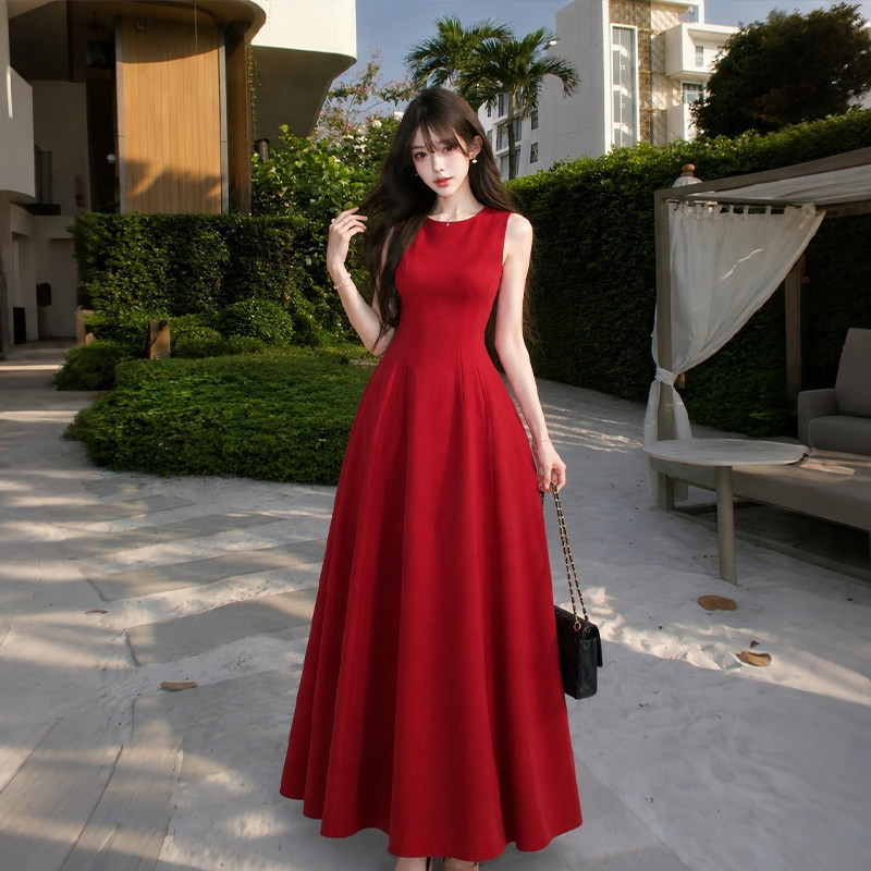 红色无袖连衣裙女夏A字裙收腰显瘦长裙高级感礼服裙平时可穿裙子
