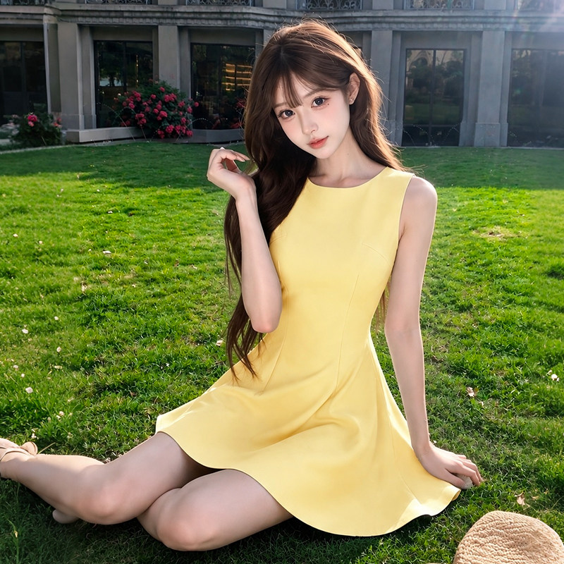 法式赫本风黄色无袖连衣裙女夏收腰A字裙千金风气质高级感短裙子