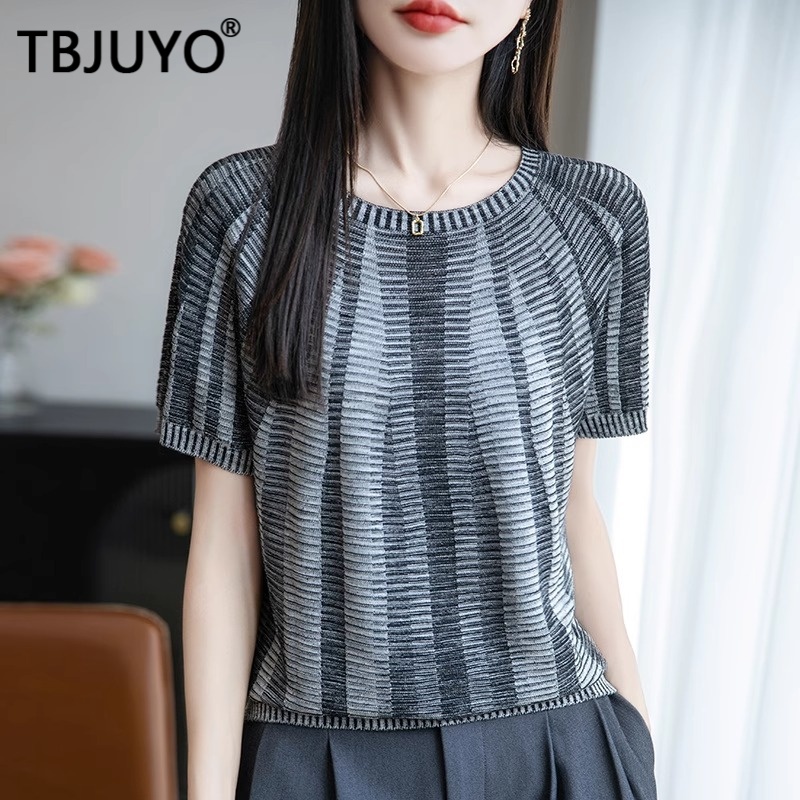 TBJUYO短袖T恤女2025夏季新款花纹圆领冰丝针织女士宽松轻薄小衫