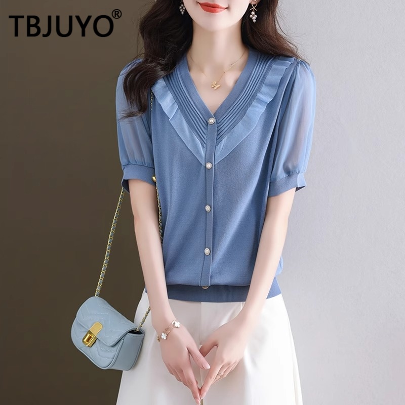 TBJUYO短袖T恤女2025夏季新款百搭舒适轻奢V领冰丝针织轻薄小衫