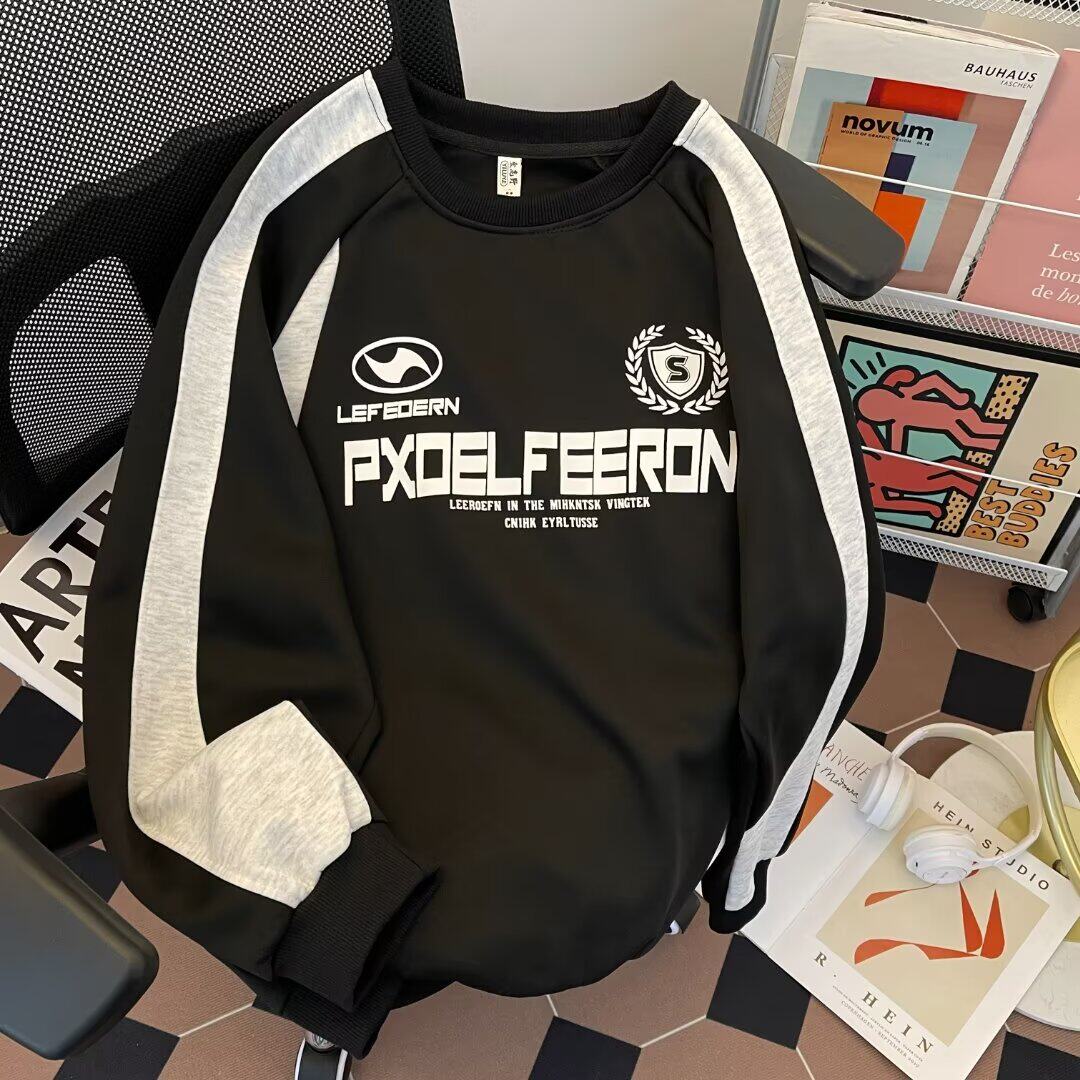 美式街头风运动卫衣男春秋季潮牌复古宽松休闲插肩袖撞色无帽外套