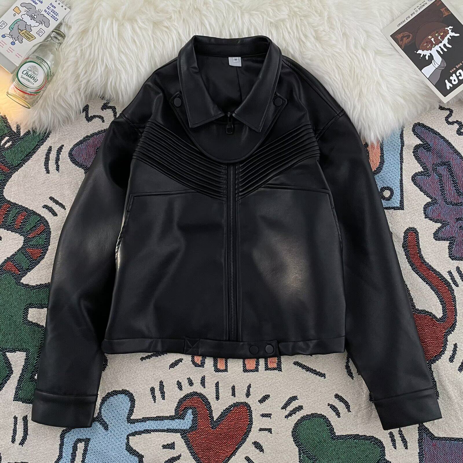 2025春装新款简约大气绵羊皮夹克机车短款PU皮皮衣外套高腰拉链黑