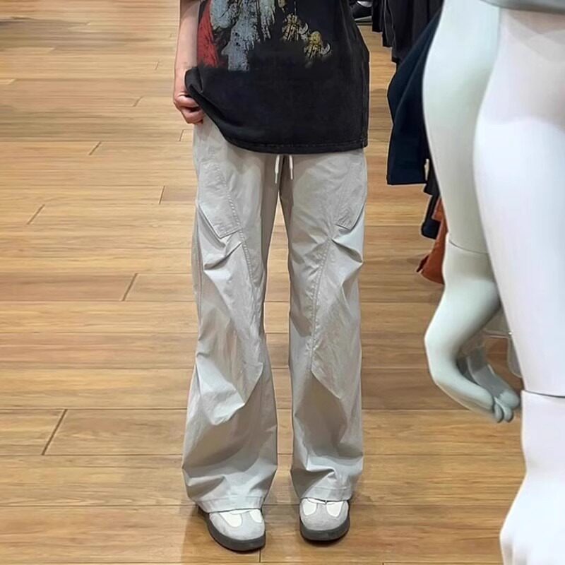 浅灰色速干伞兵工装裤男夏季薄款美式褶皱弯刀裤子直筒休闲冲锋裤