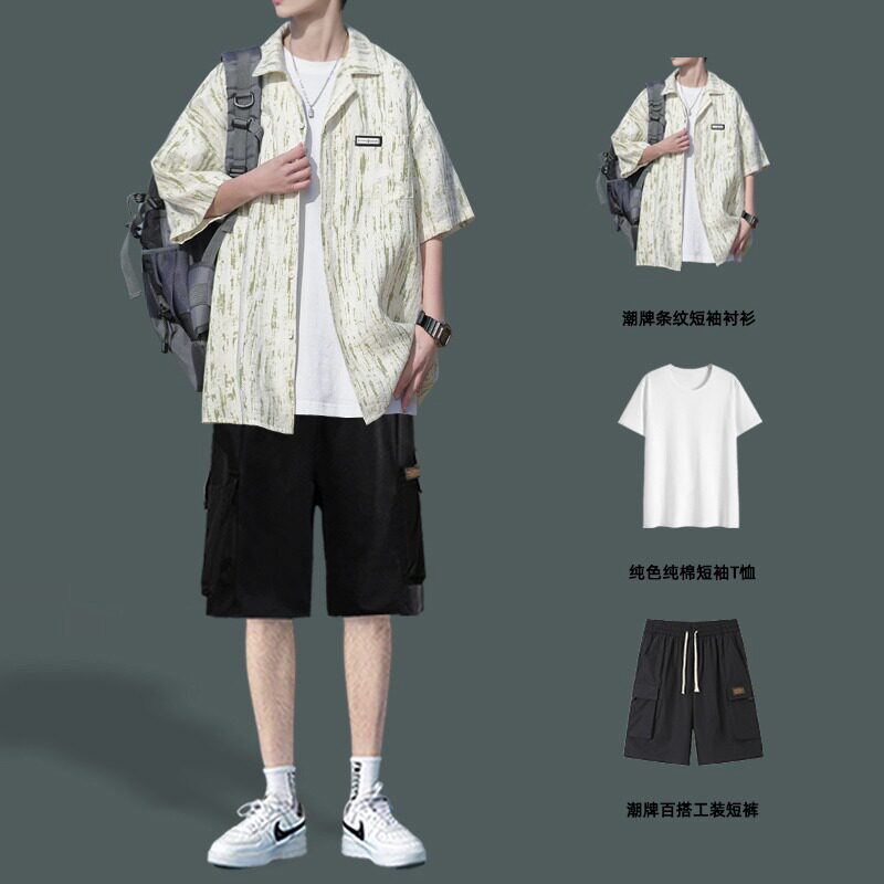 小众条纹短袖花衬衫男套装港风青少年帅气衬衣夏季休闲穿搭一整套