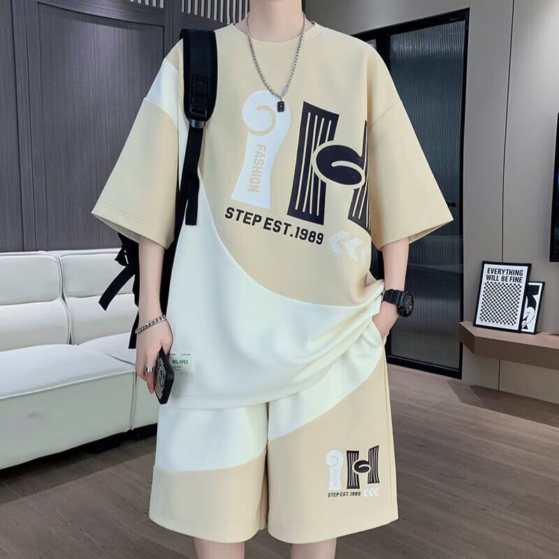 新款休闲运动套装男夏季字母印花短袖t恤潮帅气一套搭配衣服男
