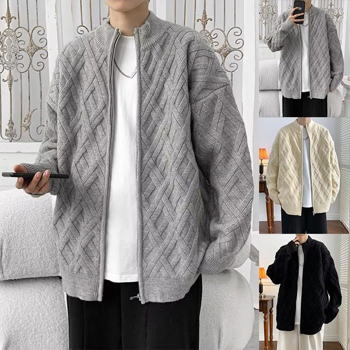 立领开衫拉链针织外套男士春秋季2024新款高级感菱形格子毛衣夹克