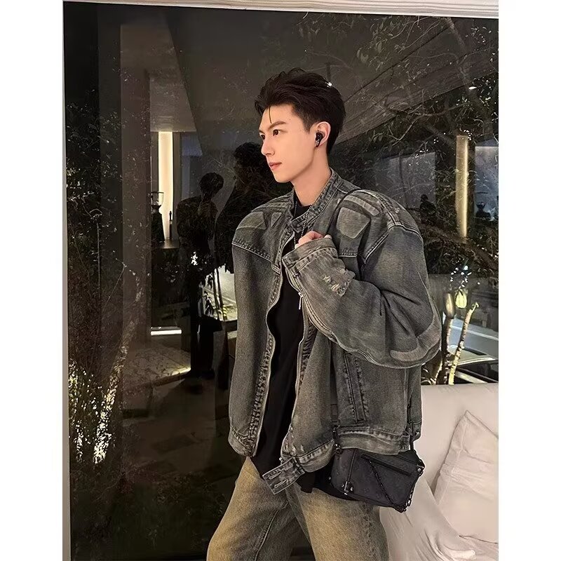 美式高街黄泥染水洗做旧牛仔外套男cleanfit短款解构夹克立领褂子
