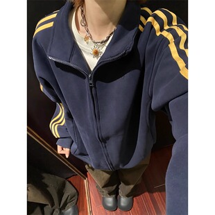 藏青色条纹开衫卫衣情侣ootd穿搭美式潮牌复古休闲立领拉链夹克秋
