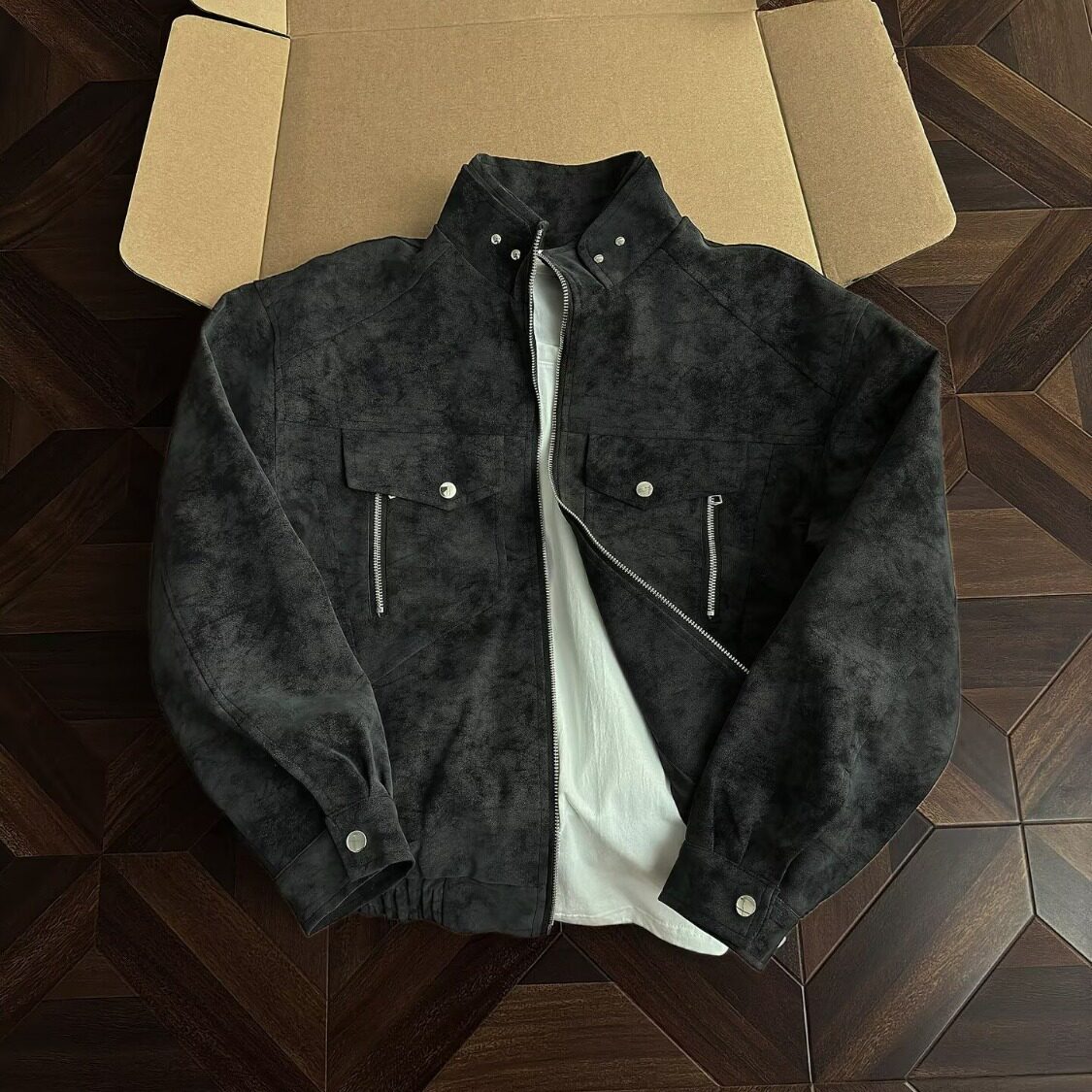 复古扎染立领PU皮衣外套男装美式高级感痞帅廓形皮夹克机车风工装