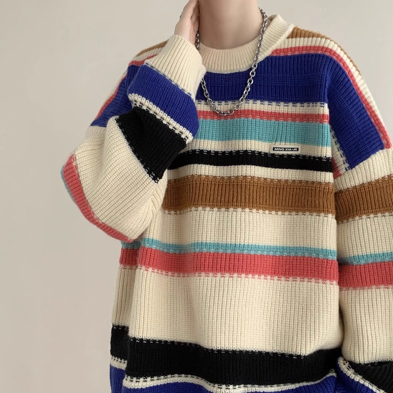 男秋冬季针织衫外套新款青少年情侣毛衣男生慵懒宽松条纹