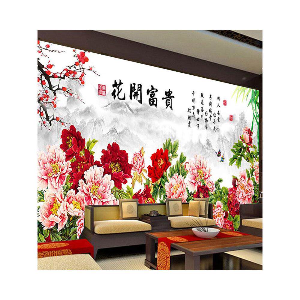 花开富贵墙纸传统中式客厅背景墙装饰画水墨山竹梅鸟芙蓉牡丹壁纸