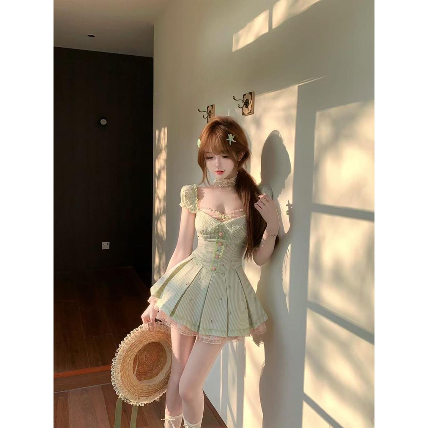 【瑞茜】绿檀粉樱 春夏可爱公主风连衣裙开衫 R8569Y