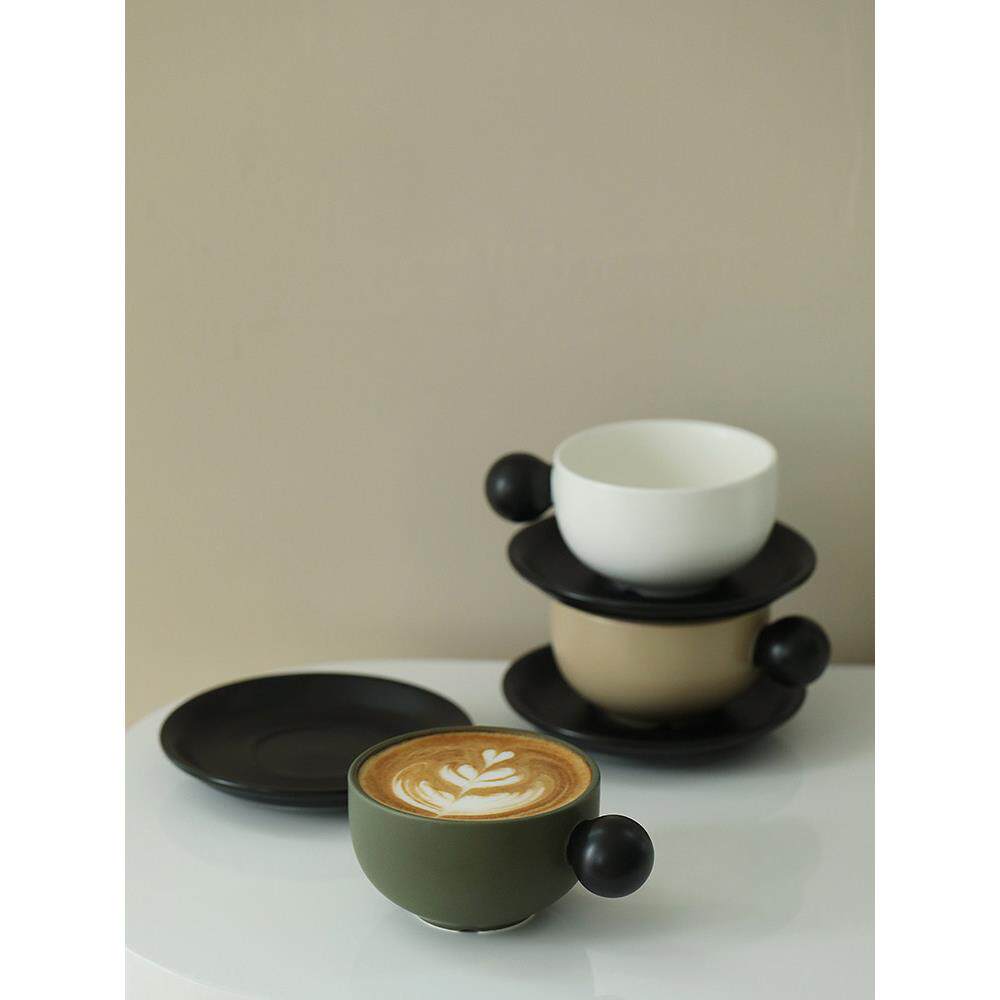 小球手柄咖啡杯 拼色大口拉花杯带碟 中古居家咖啡角陶瓷杯300ml
