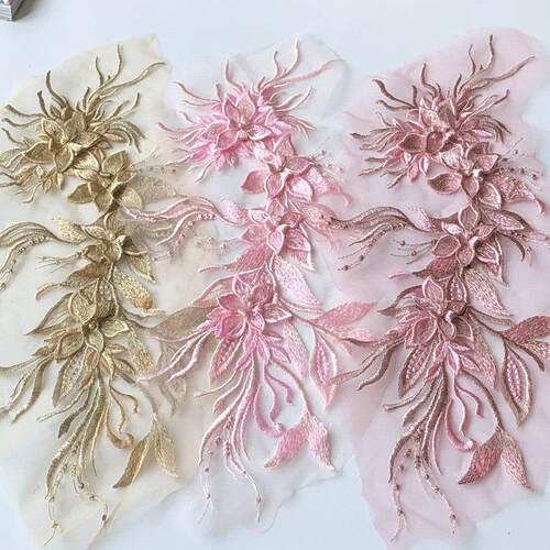 SASKIA长条立体花朵刺绣布贴钉珠蕾丝补丁舞蹈衣服裙装饰辅料DIY